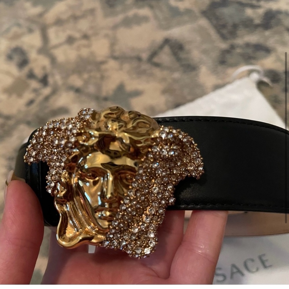 Versace crystal la Medusa leather belt.
